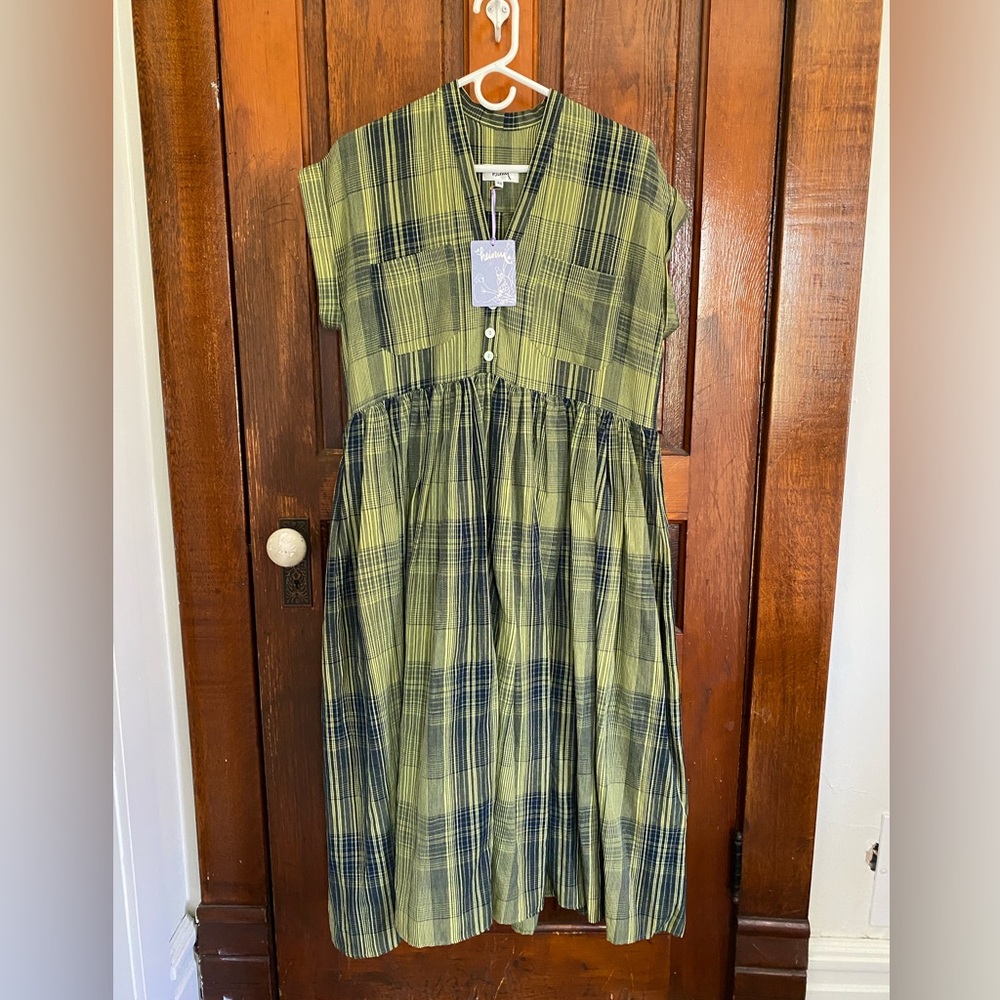 Claire Heinui custom Noe Dress in olive indigo plaid